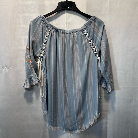 Blue & Pink Striped Off-Shoulder Embroidered Peasant Hippie Lace Up Blouse Sz S - Picture 6 of 9